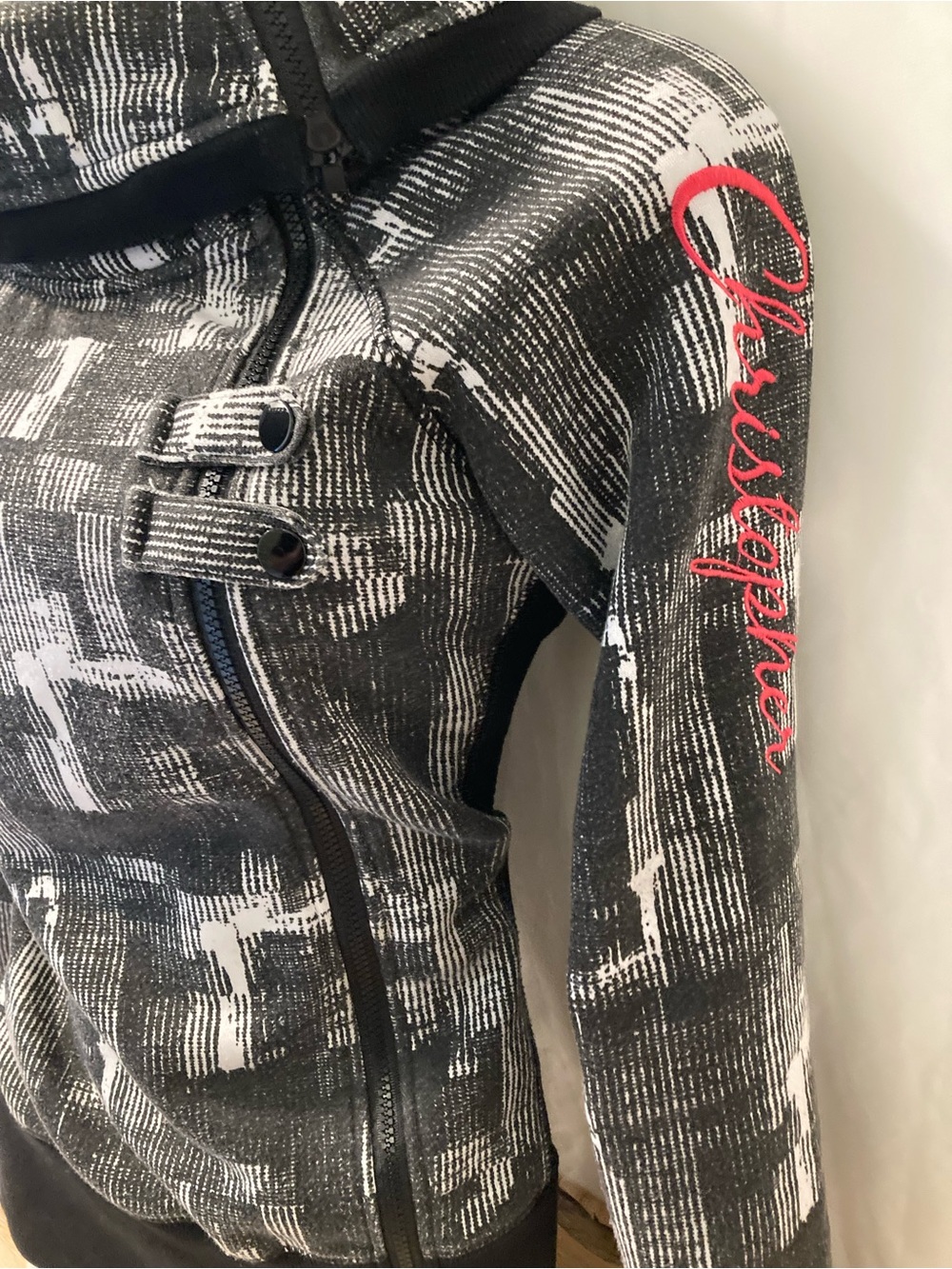 Christopher Jeans Asymmetrical Zip Hoodie Black White Graphic Jacket M